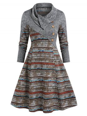 Ethnic Geometric Mock Button Heathered Dress