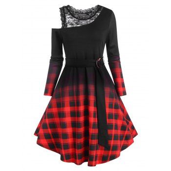 

Vintage Ombre Plaid Lace Insert Cold Shoulder Cutout Belted A Line Dress, Red