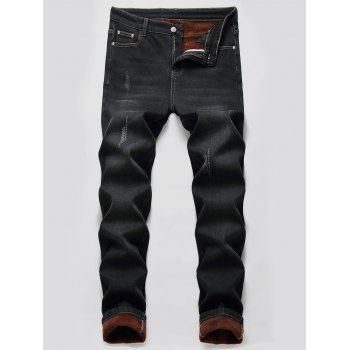 

Faux Fur Lined Scratch Jeans, Black