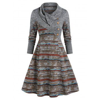 Ethnic Geometric Mock Button Heathered Dress