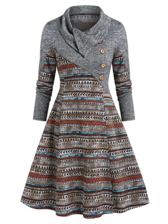 Ethnic Geometric Mock Button Heathered Dress - COFFEE XXXL