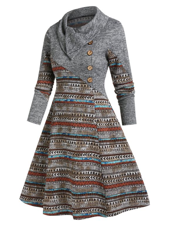 Robe Chinée Ethnique Géométrique avec Faux Bouton - café M