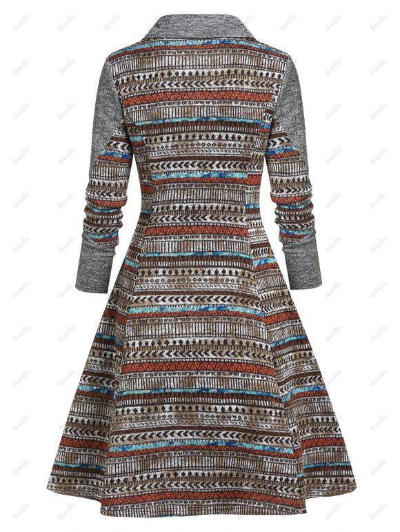 Robe Chinée Ethnique Géométrique avec Faux Bouton - café M