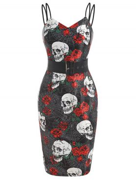 Vintage Halloween Skull Flower Print Belted Bodycon Skinny Cami Dress