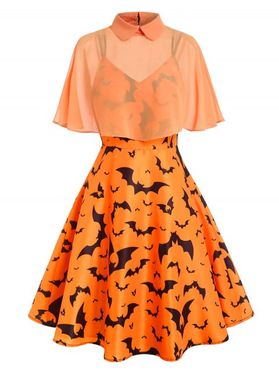 Halloween Allover Bat Print Dual Strap Cape A Line Dress
