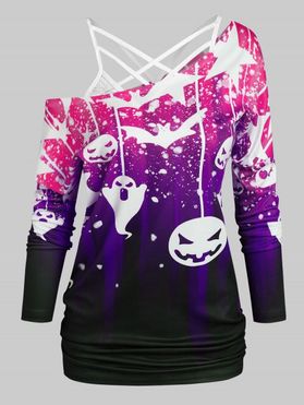 Halloween Bat Pumpkin Print T-shirt with Flower Lace Cami Top