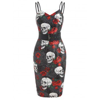 

Vintage Halloween Skull Flower Print Belted Bodycon Skinny Cami Dress, Black