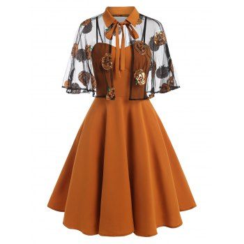 

Halloween Sequined Pumpkin Lace Cape Dress, Dark orange