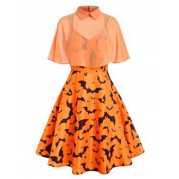 

Halloween Allover Bat Print Dual Strap Cape A Line Dress, Dark orange