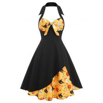 

Halloween Skull Pumpkin Cat Print Bowknot Halter Dress, Yellow