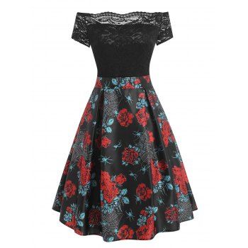 

Flower Spider Web Print Lace Insert Off Shoulder A Line Dress, Black