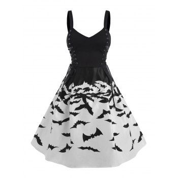 

Halloween Bat Print Lace Up Sweetheart A Line Dress, Black