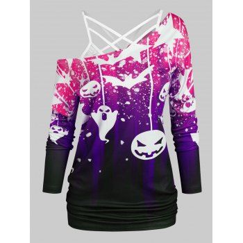 

Halloween Bat Pumpkin Print T-shirt with Flower Lace Cami Top, Concord