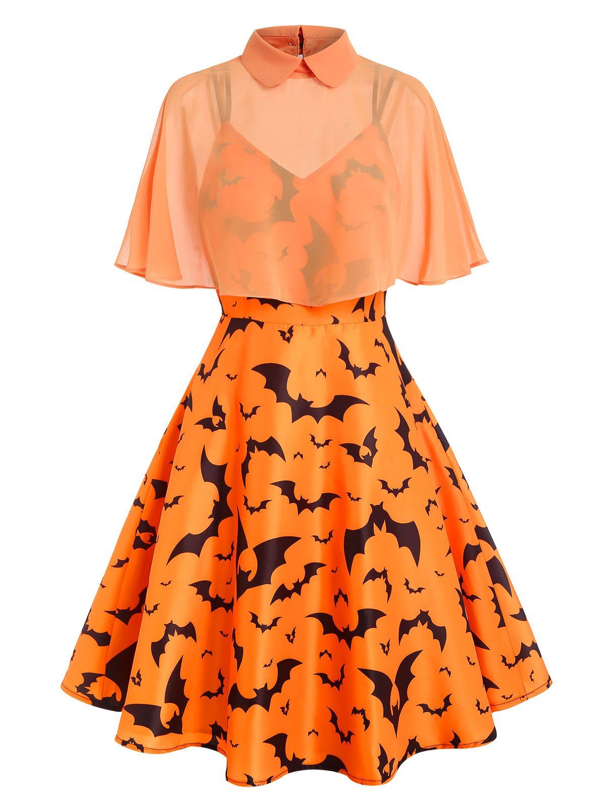 Halloween Allover Bat Print Dual Strap Cape A Line Dress - DARK ORANGE XL