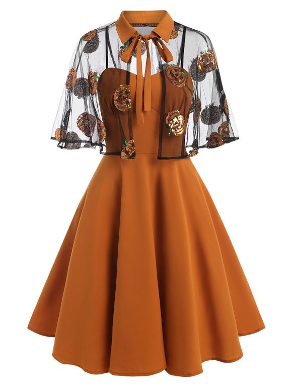 Robe Cape D'Halloween Citrouille en Dentelle à Paillettes - Orange Foncé M