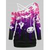 Halloween Bat Pumpkin Print T-shirt with Flower Lace Cami Top - CONCORD M