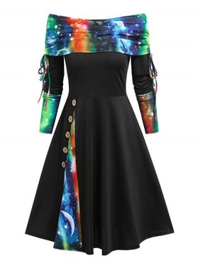 Vintage Galaxy Print Off Shoulder Cinched Tied Contrast A Line Dress