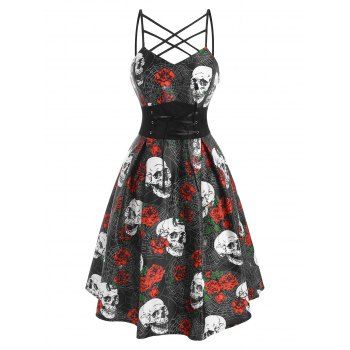 

Halloween Skull Spider Web Flower Print Lace Up Caged Dress, Black