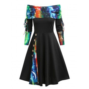 

Vintage Galaxy Print Off Shoulder Cinched Tied Contrast A Line Dress, Black