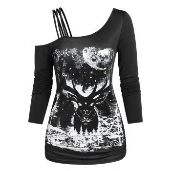 

Strappy Skew Collar Christmas Elk Print T Shirt, Black