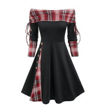 

Vintage Plaid Checked Off Shoulder Cinched Tied A Line Dress, Black