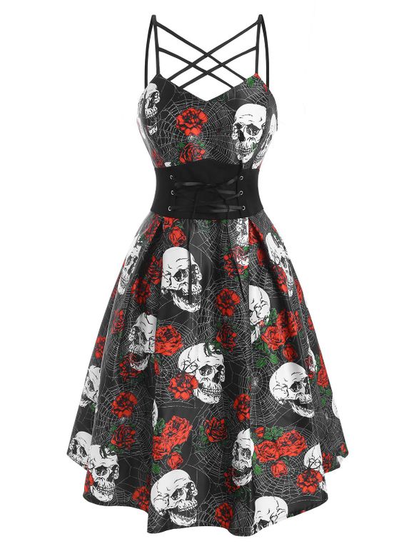 Robe D'Halloween Vintage à Imprimé Toile D'Araignée Crâne et Fleur à Lacets Style Corset - Noir 2XL
