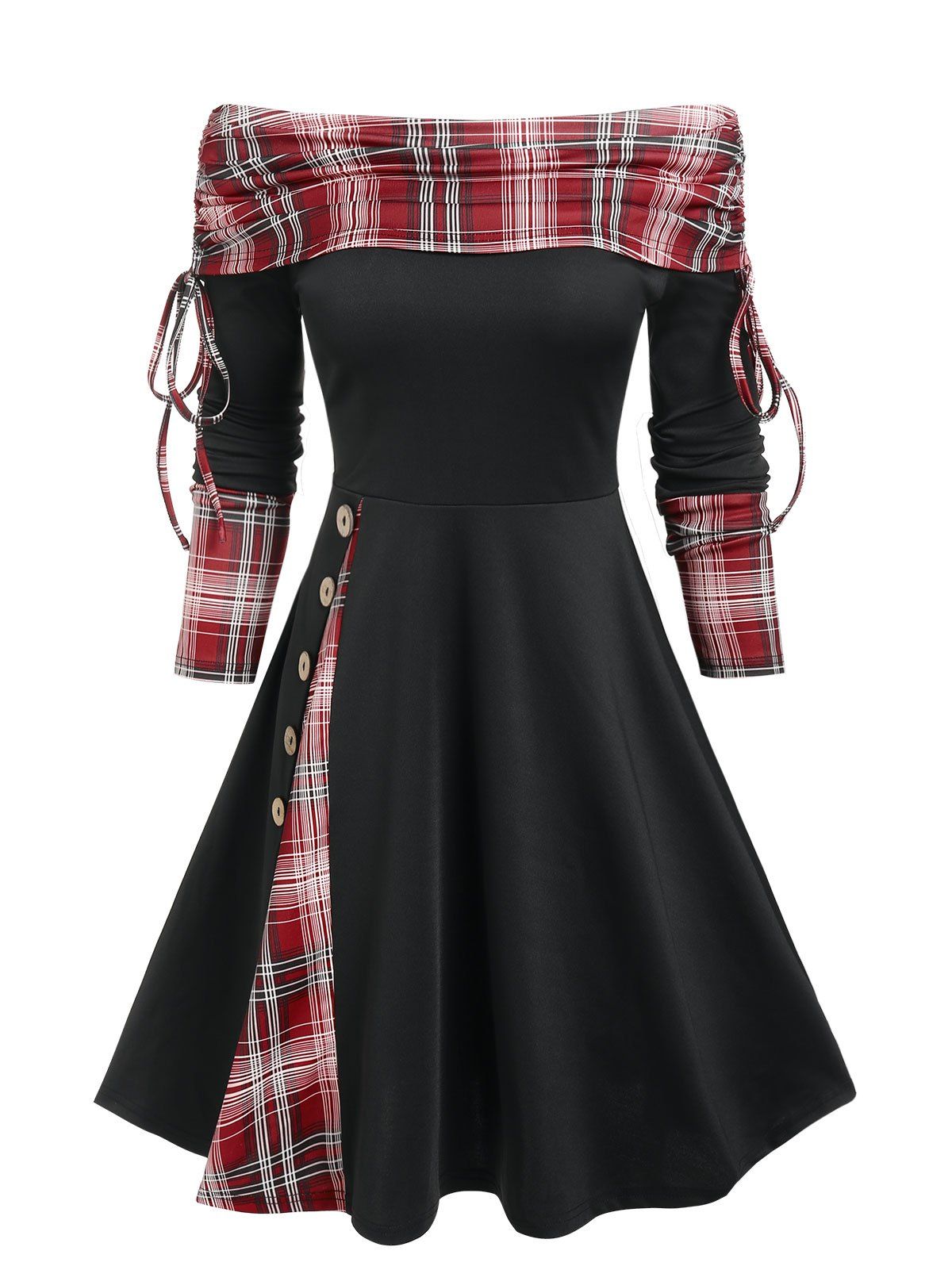 Off The Shoulder Drawstring Plaid Asymmetric Dress - BLACK XL