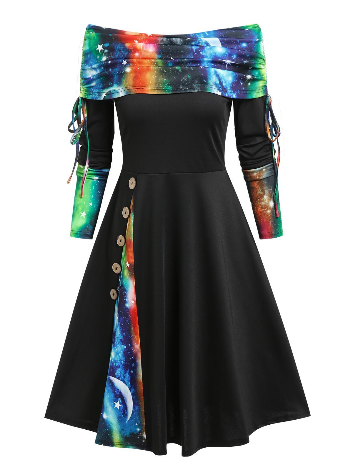 Vintage Galaxy Print Off Shoulder Cinched Tied Contrast A Line Dress - BLACK S