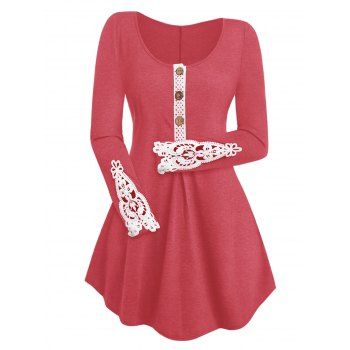 

Plus Size Contrast Lace Applique Tunic T Shirt, Deep red