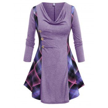 

Plus Size Plaid Draped Long Sleeve Tee, Light purple