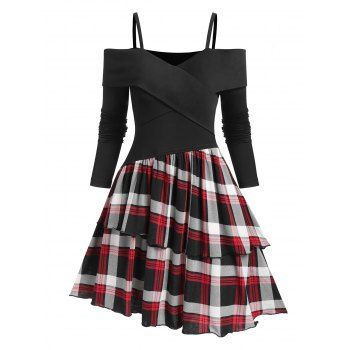 

Crossover Plaid Layered Asymmetrical Flare Dress, Black