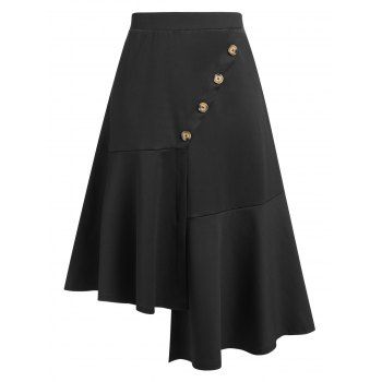 

Plus Size Uneven Pep Hem Buttoned Midi Skirt, Black