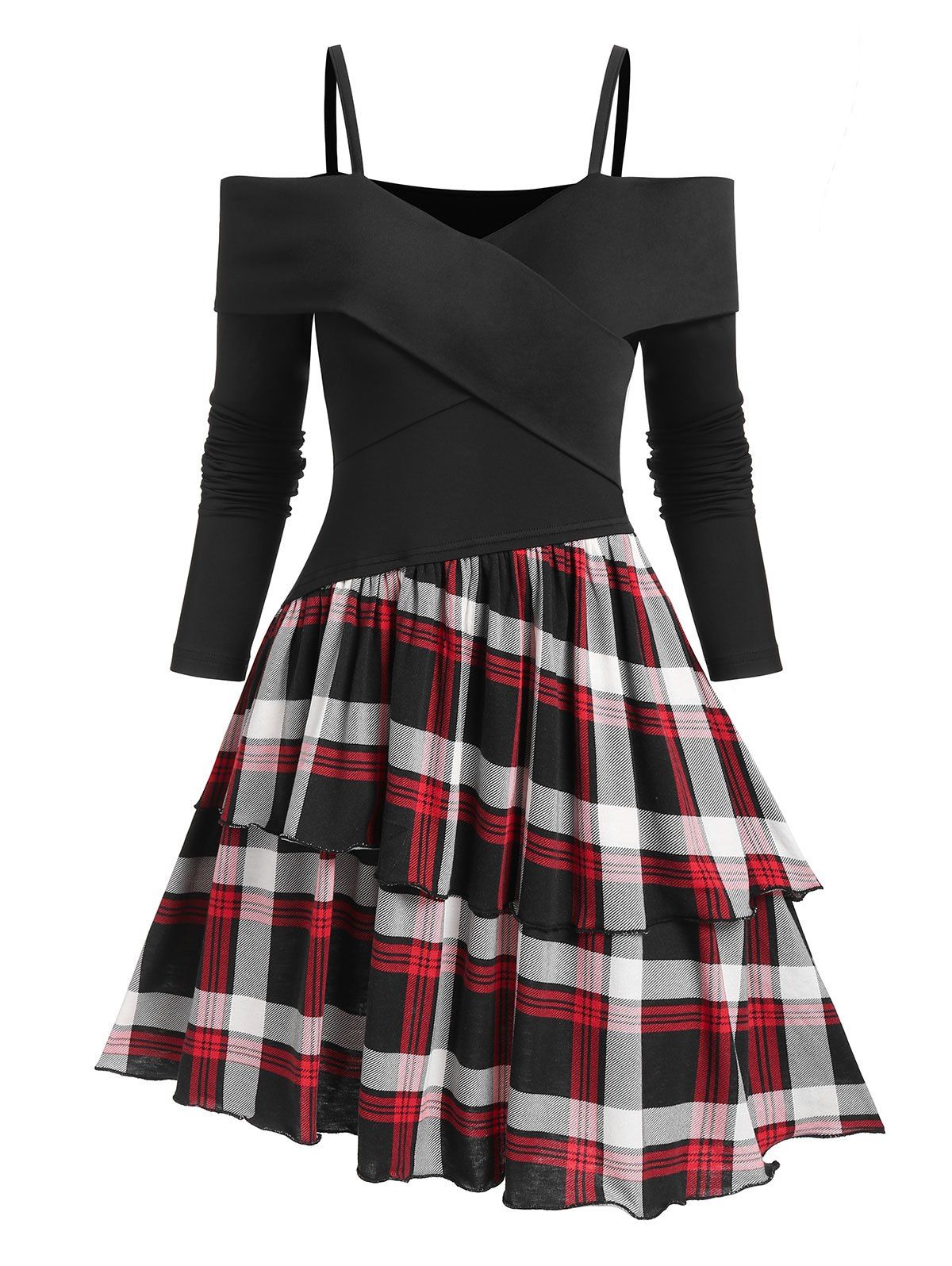 Crossover Plaid Layered Asymmetrical Flare Dress - BLACK XL