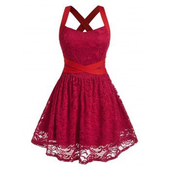 

Plus Size Crisscross Backless Lace Dress, Deep red