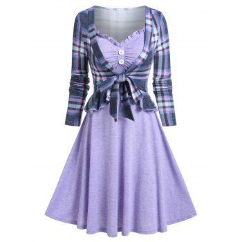 

Casual Plaid Print Peplum Knotted Flounce 2 In 1 A Line Frilled Dress, Light purple
