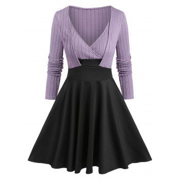 

Plunge Neck Ribbed Faux Twinset Flare Dress, Light purple