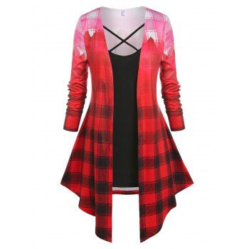

Plus Size Ombre Color Plaid Irregular Top and Crisscross Camisole Set, Black