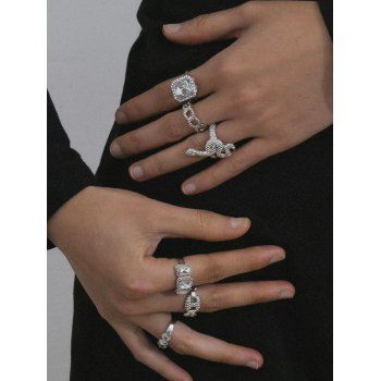 

6 Pcs Snake Geometric Faux Gemstone Ring Set, Silver