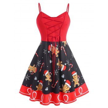 

Cartoon Snowflake Lace Up Christmas Plus Size Dress, Red