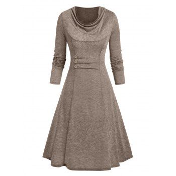 

Long Sleeve Button Ruched Heathered Dress, Light coffee