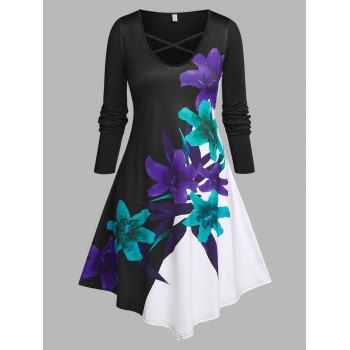 Plus Size Criss Cross Flower Print Asymmetric Dress
