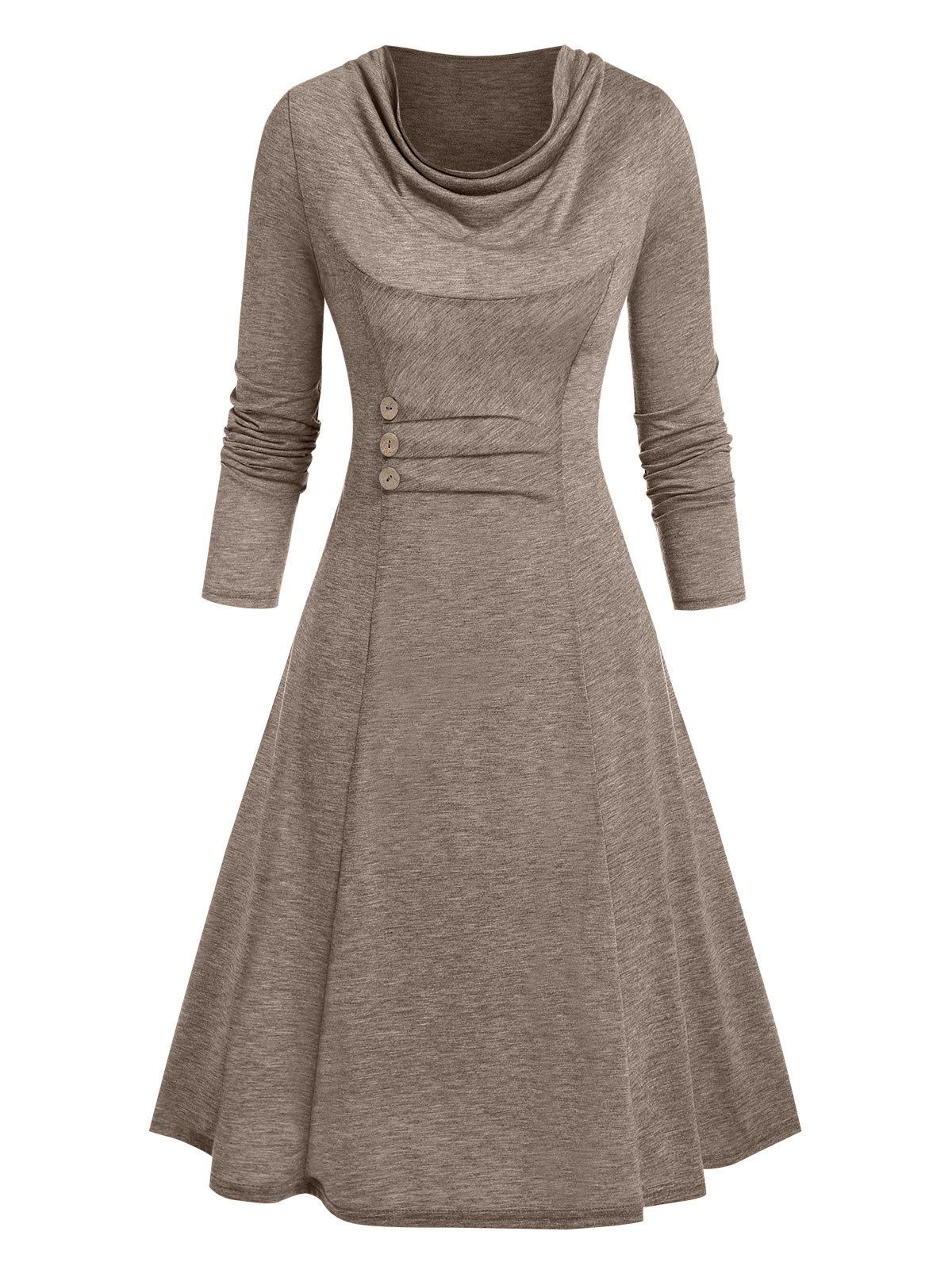 Long Sleeve Button Ruched Heathered Dress - LIGHT COFFEE L