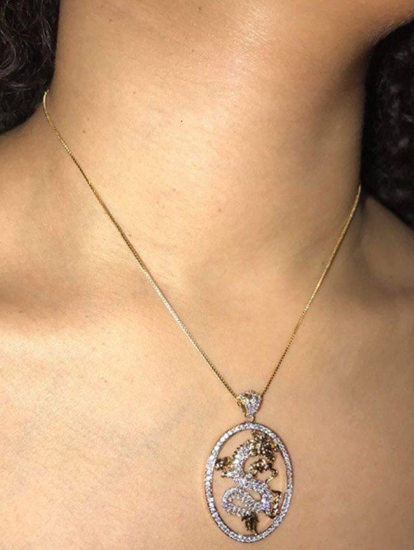Hollow Dragon Oval Diamante Charm Necklace - GOLDEN 
