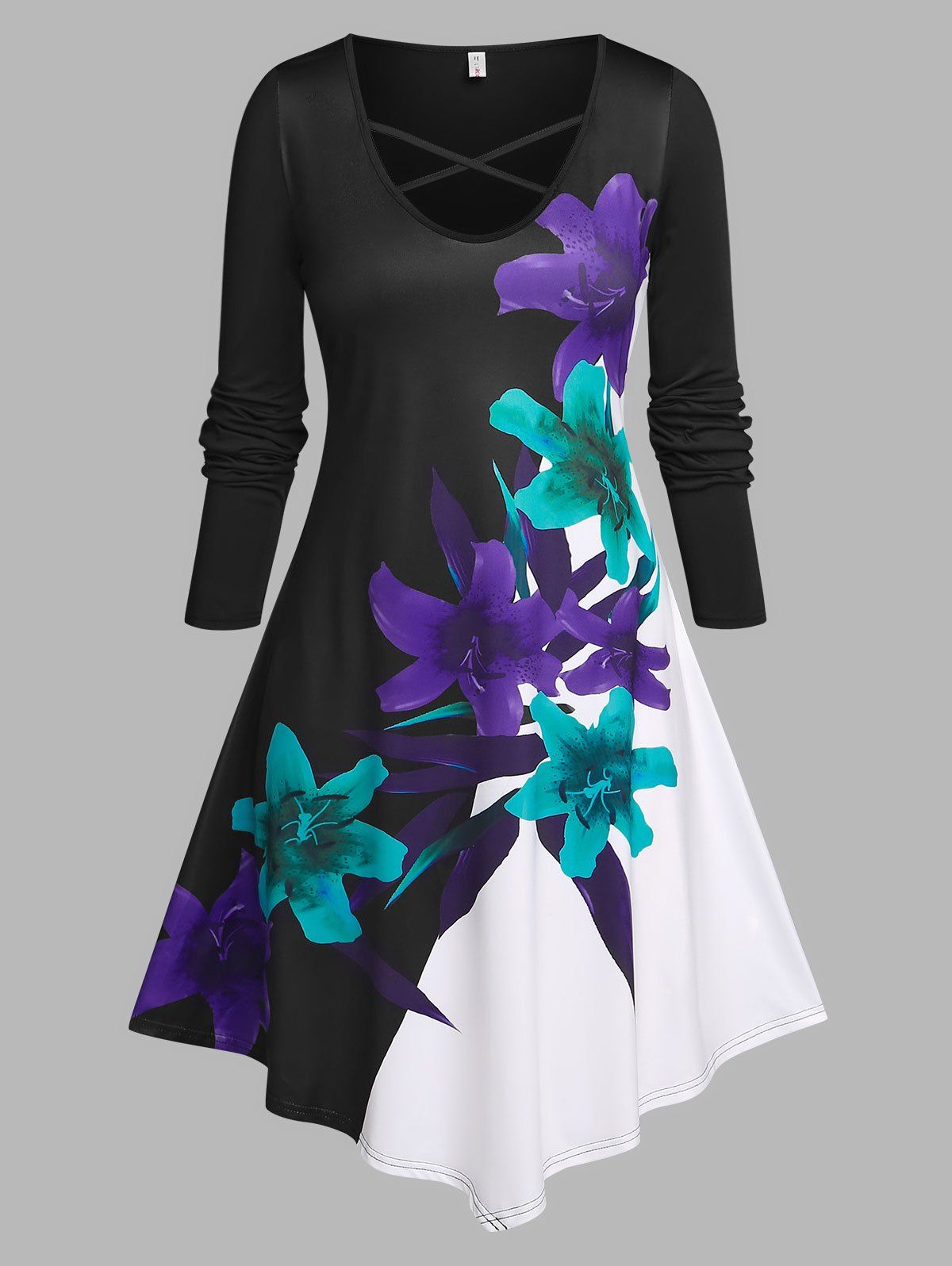 Plus Size Criss Cross Flower Print Asymmetric Dress - BLACK L