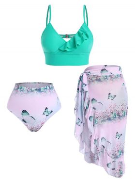Tummy Control Tankini Swimsuit Butterfly Floral Print Swimwear Asymmetrical Hem Ruffle Three Piece Beach Bathing Suit