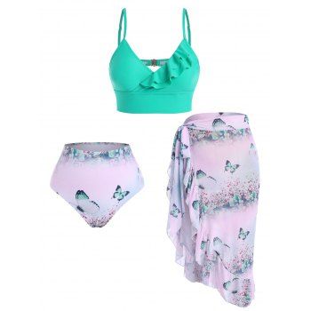 

Tummy Control Butterfly Swimsuit Floral Tankini Three Piece Ruffle Swimwear Set, Light green