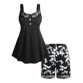 

Plus Size Lace Insert Butterfly Pajama Tank and Shorts Set, Black