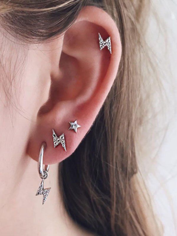 4 Pcs Lightning Star Stud Earrings Set - SILVER 