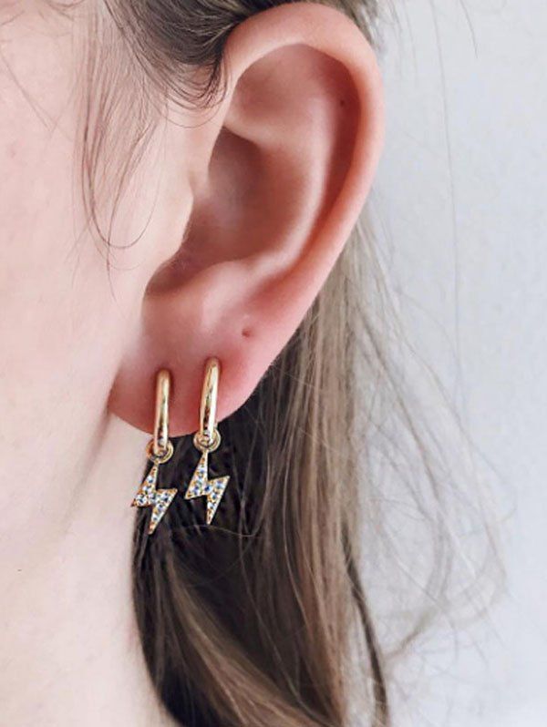Small Hoop Diamante Lightning Pendant Earrings - GOLDEN 