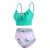 Tummy Control Tankini Swimsuit Butterfly Floral Print Swimwear Asymmetrical Hem Ruffle Three Piece Beach Bathing Suit - LIGHT GREEN XL